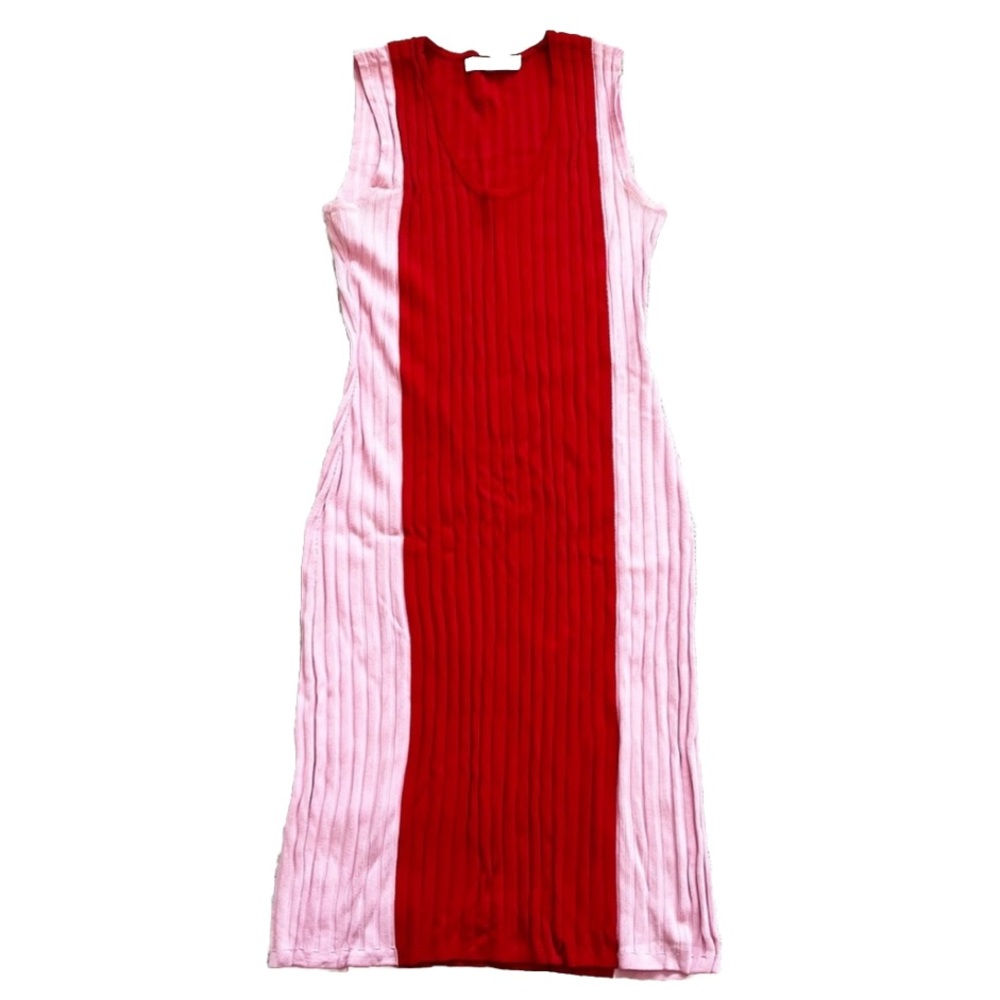 SUMMER & SAGE RED/PINK COLOR BLOCK BODYCON RIBBED DRESS SIZE MEDIUM TRENDY